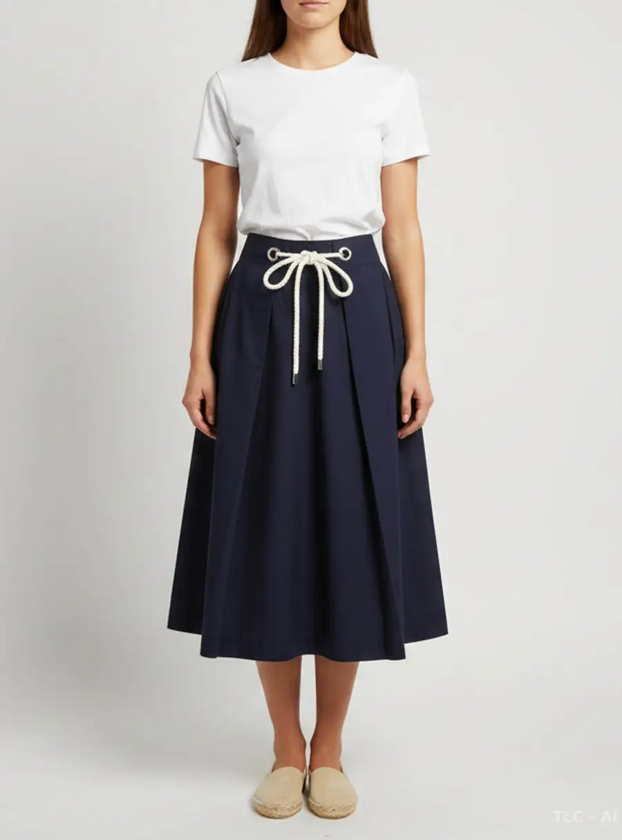 CH Carolina Herrera Navy Blue Cotton Rope Tie Midi Skirt L