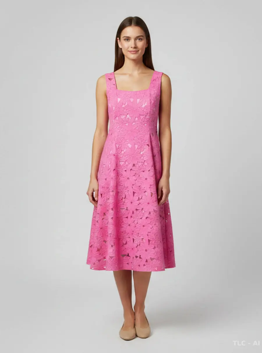 CH Carolina Herrera Pink Floral Jacquard Flared Dress L