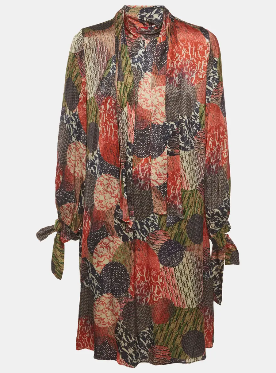 CH Carolina Herrera Multicolor Logo Print Satin Midi Dress XS