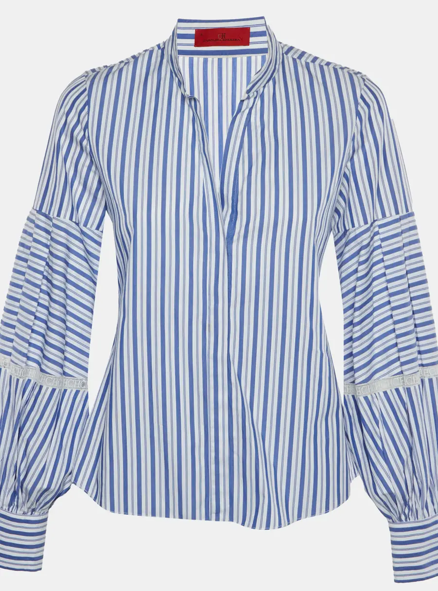 CH Carolina Herrera Blue/White Striped Cotton and Lace Trim Blouse S