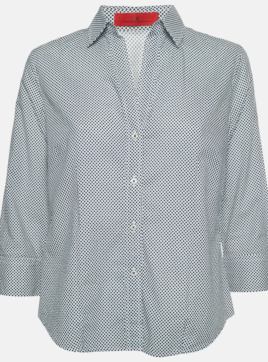 CH Carolina Herrera White/Blue Polka Dot Print Cotton Blouse M