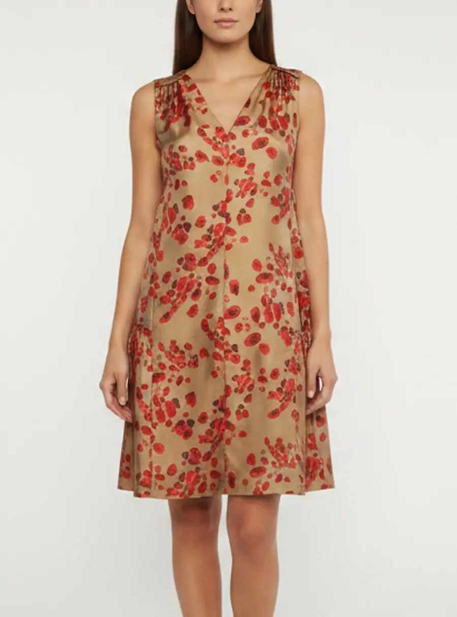 CH Carolina Herrera Brown Printed Silk V- Neck Dress S
