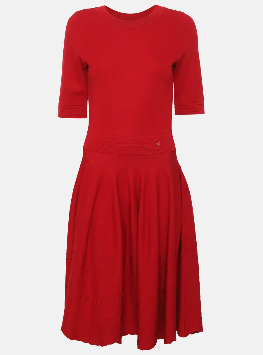 CH Carolina Herrera Red Stretch Knit Jacquard Flared Knee Length Dress XXS