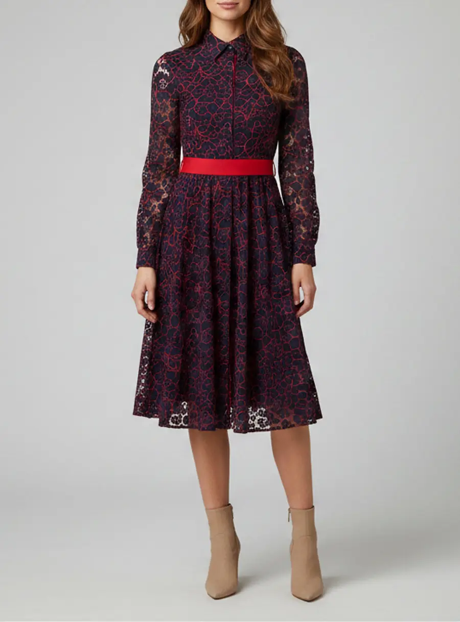 CH Carolina Herrera Navy/Red Guipure Lace Midi Shirtdress S