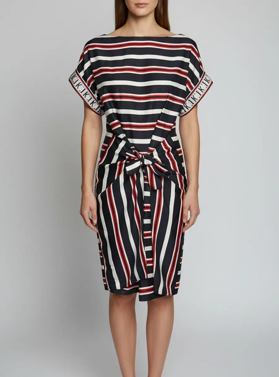 CH Carolina Herrera Navy Blue Striped Silk Wrap Dress M