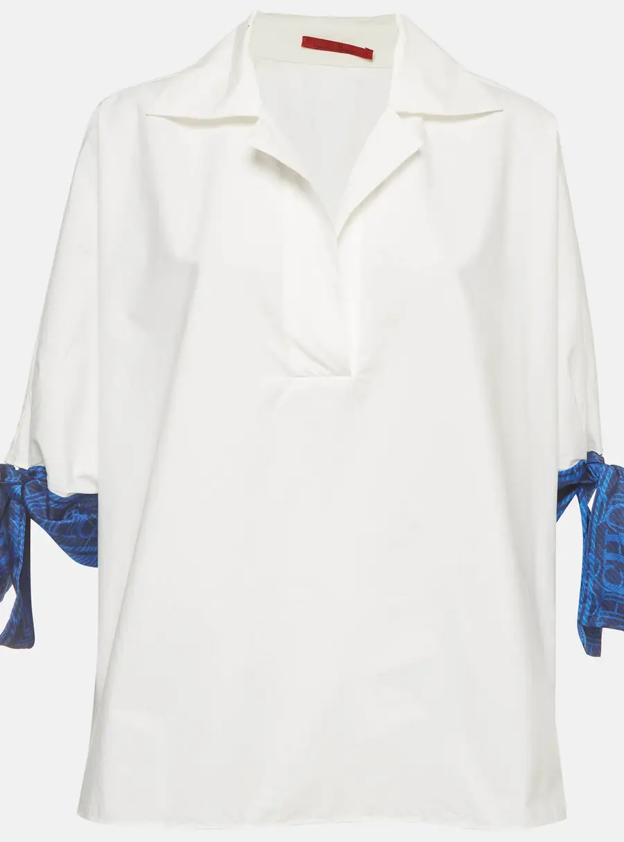 CH Carolina Herrera White Logo Print Poplin Tie Blouse M