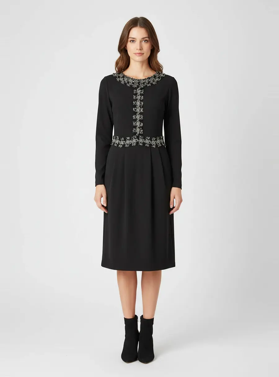CH Carolina Herrera Black Jersey Wool Trim Pleated Midi Dress S