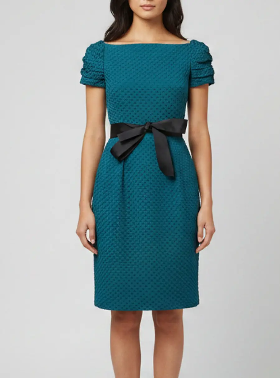 CH Carolina Herrera Teal Textured Jacquard Bateau Neck Dress S