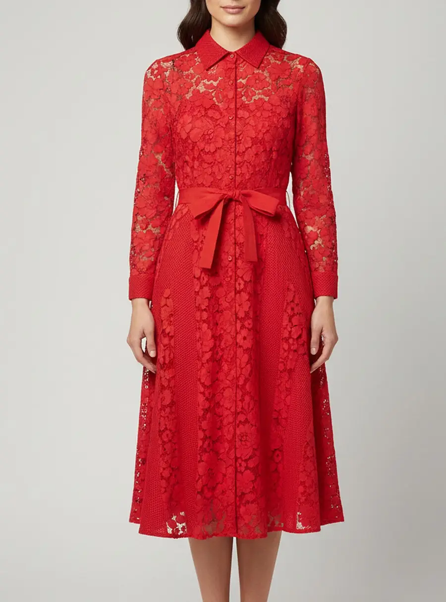 CH Carolina Herrera Red Lace Long Sleeve Belted Midi Dress M