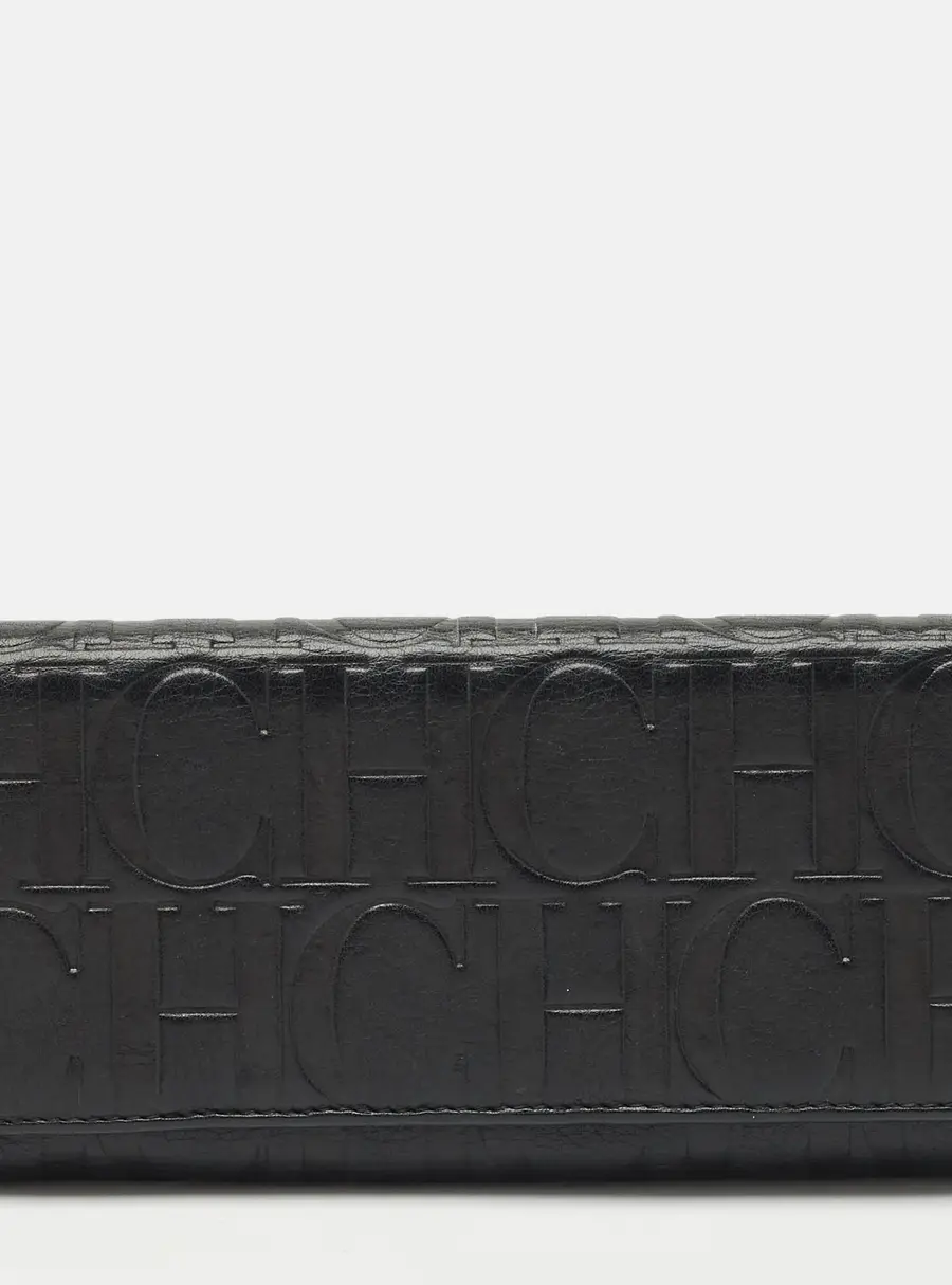 CH Carolina Herrera Black Monogram Leather Flap Continental Wallet