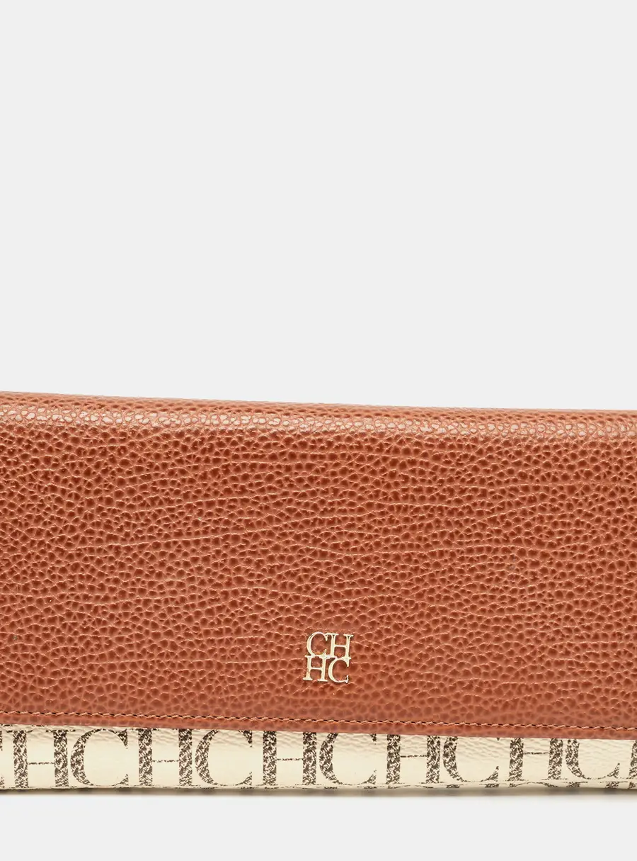 CH Carolina Herrera Brown/White Monogram Leather Flap Continental Wallet