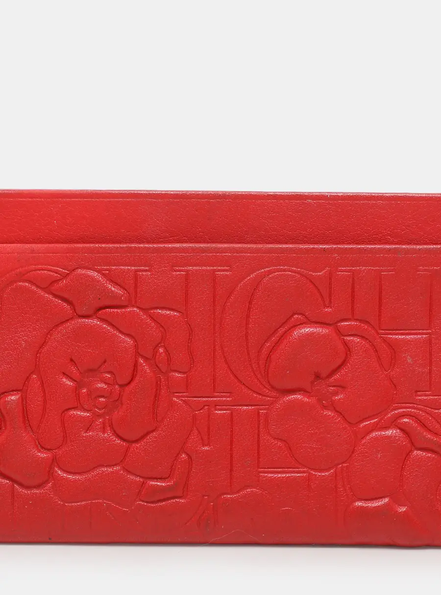 CH Carolina Herrera Red Monogram Embossed Leather Card Holder