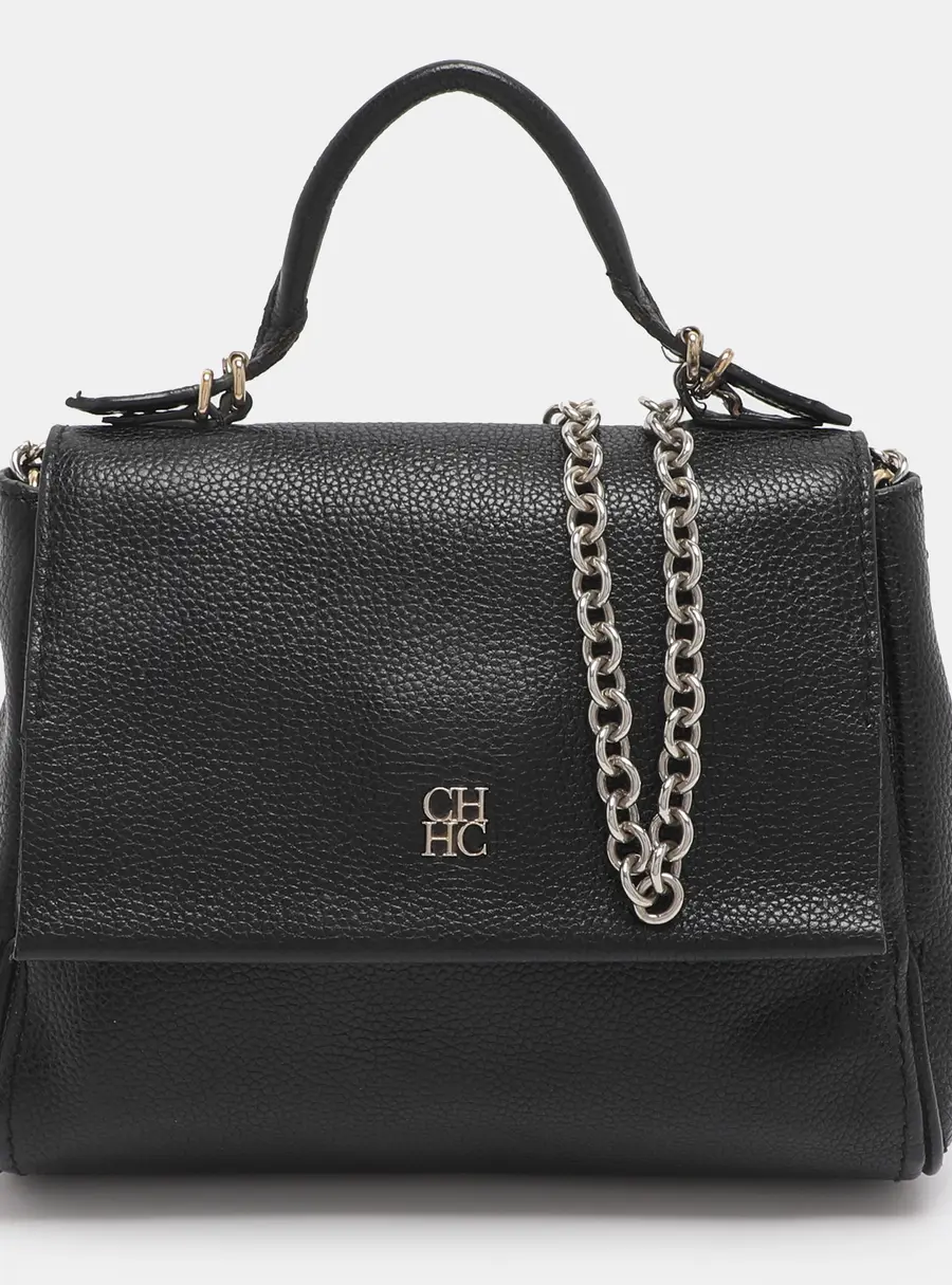 CH Carolina Herrera Minuetto Small Black Leather Top Handle Bag