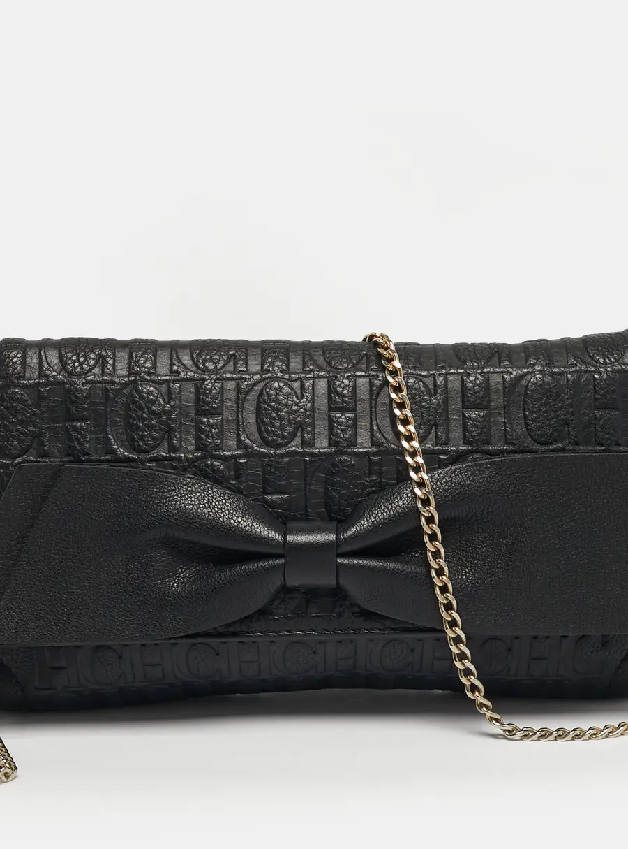 CH Carolina Herrera Black Monogram Embossed Leather Bow Flap Chain Shoulder Bag