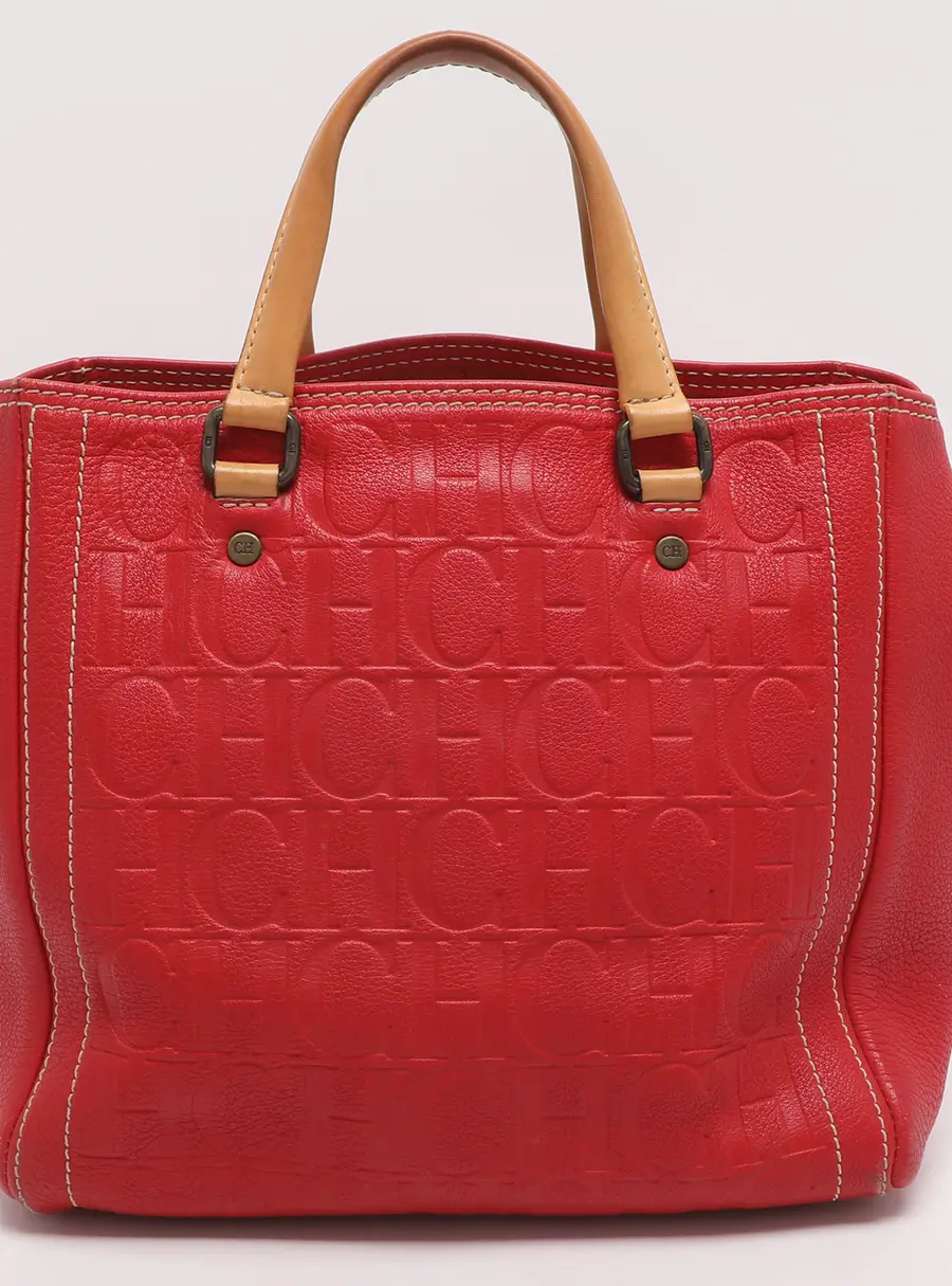CH Carolina Herrera Red/Beige Monogram Embossed Leather Tote