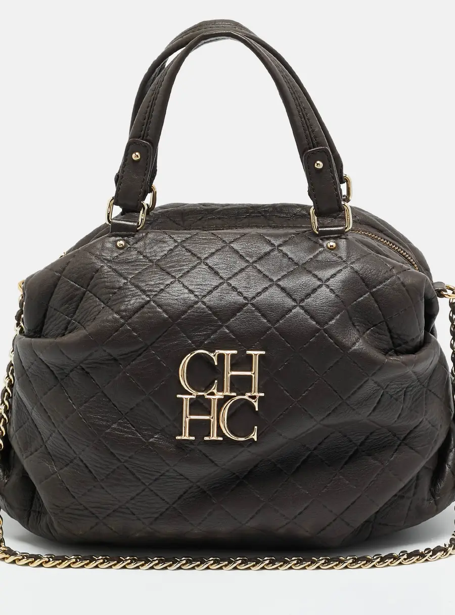 CH Carolina Herrera Pleated Chain Dark Brown Quilted Leather Satchel