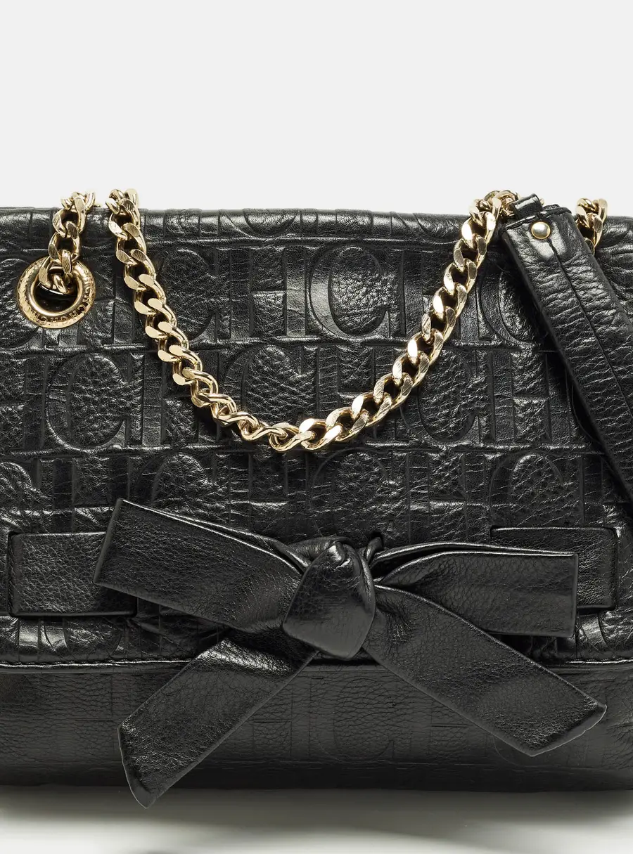 CH Carolina Herrera Audrey Bow Flap Black Monogram Embossed Leather Shoulder Bag
