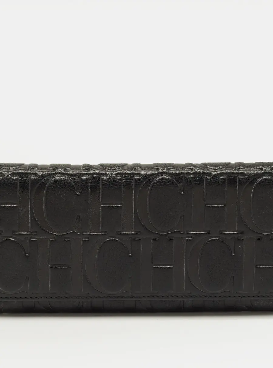 CH Carolina Herrera Black Monogram Embossed Leather Flap Continental Wallet