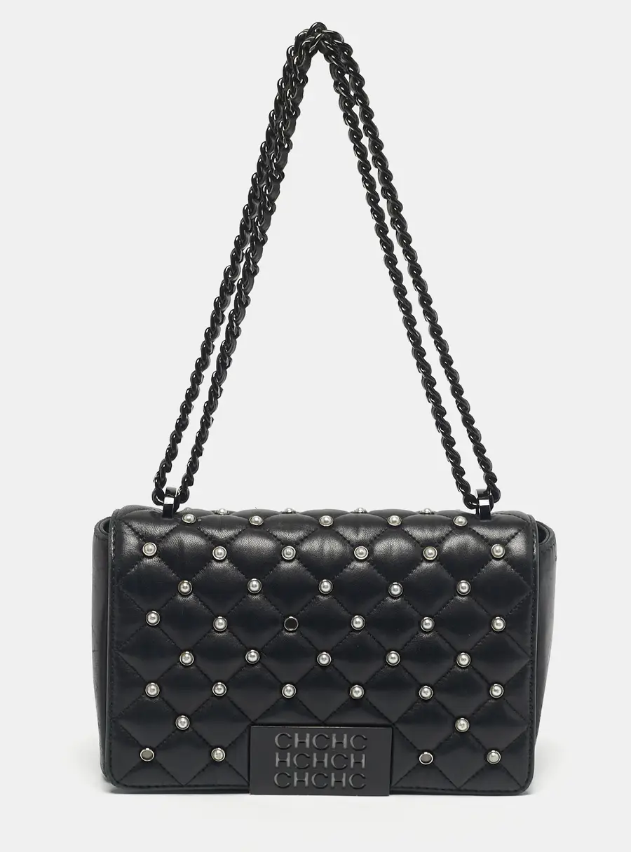 CH Carolina Herrera Black Quilted Leather Pearl Studded Flap Chain Shoulder Bag