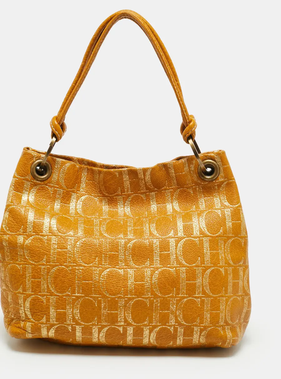 CH Carolina Herrera Yellow Monogram Embossed Leather Ring Handle Tote