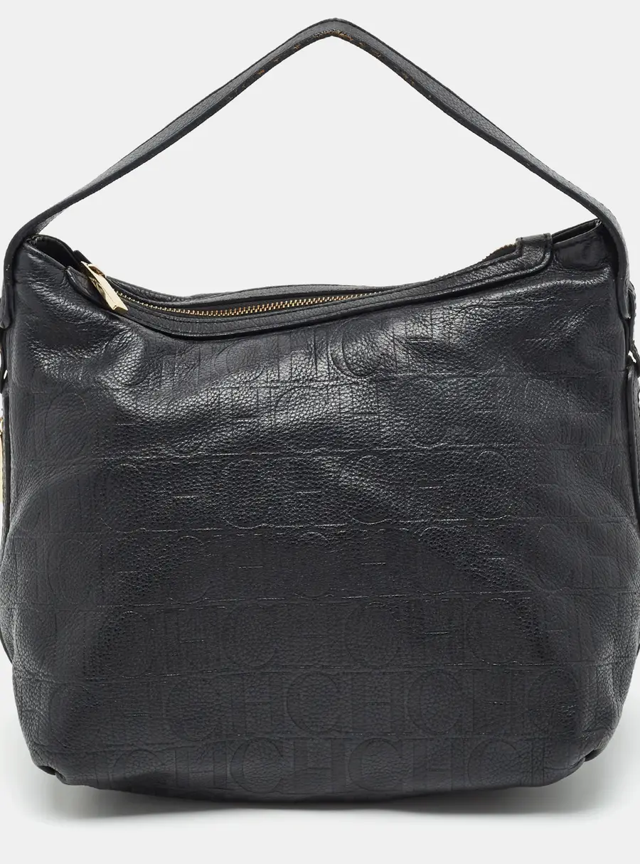 CH Carolina Herrera Zip Expandable Black Monogram Leather Hobo