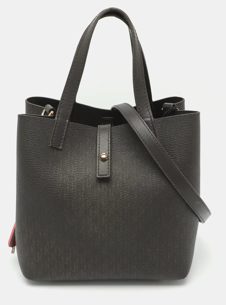 CH Carolina Herrera Matryoshka Locked Small Dark Brown Monogram Coated Canvas and Leather Tote