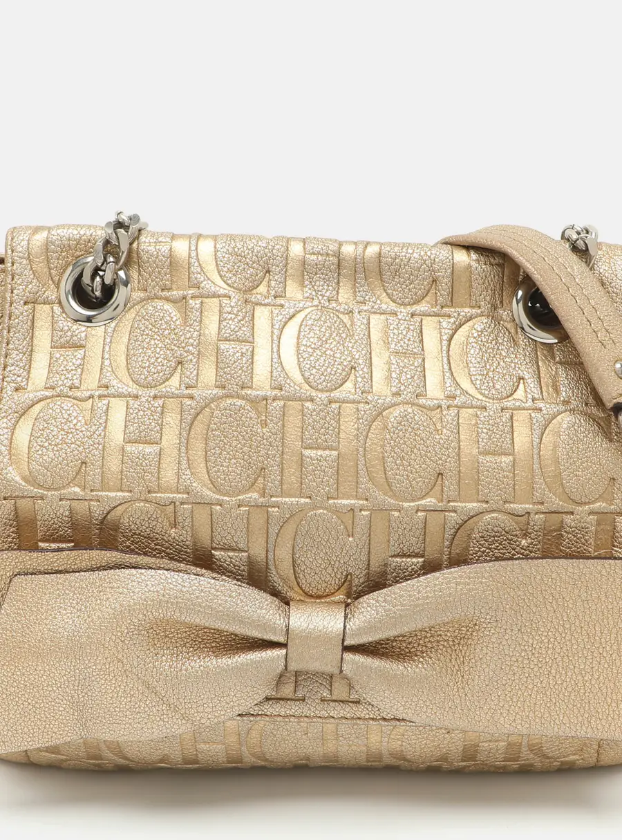 CH Carolina Herrera Audrey Gold Monogram Embossed Leather Shoulder Bag
