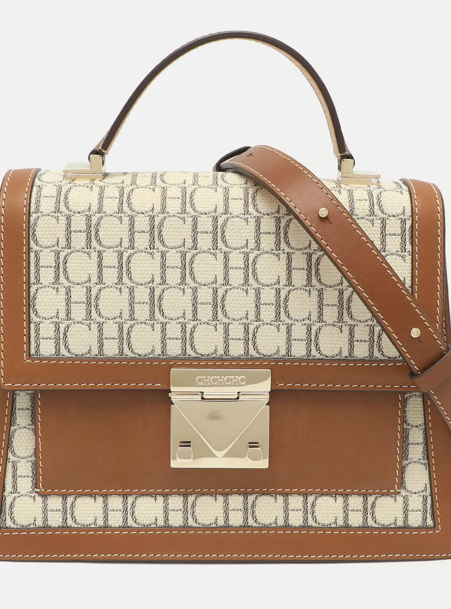 CH Carolina Herrera Beige/Brown Signature Canvas and Leather Top Handle Bag