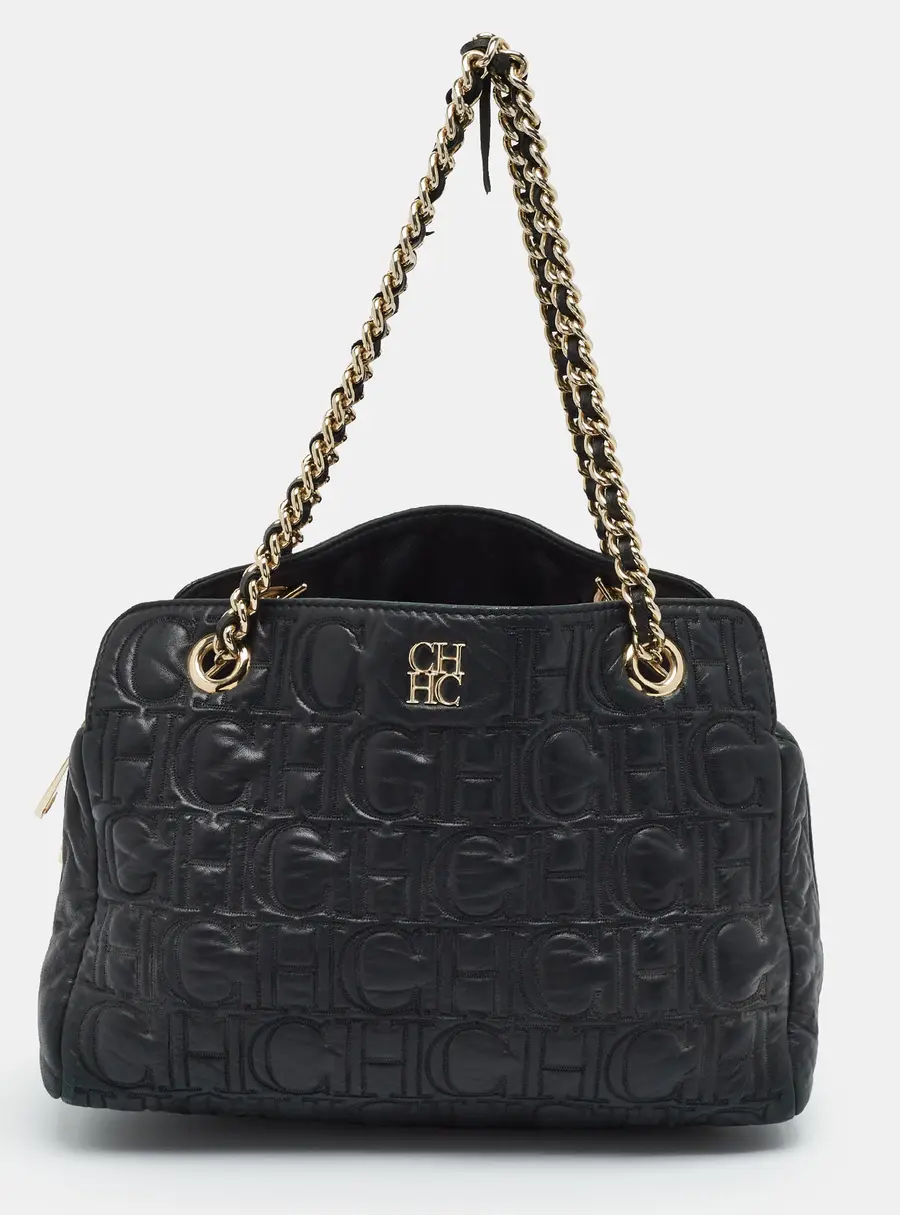 CH Carolina Herrera Black Monogram Embossed Leather Shoulder Bag