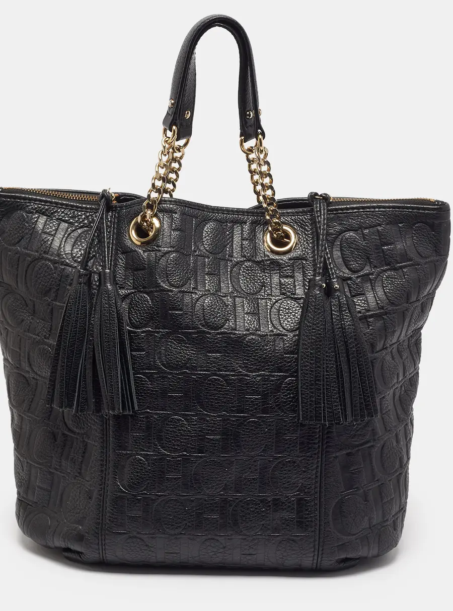 CH Carolina Herrera Black Monogram Embossed Leather Tassel Tote