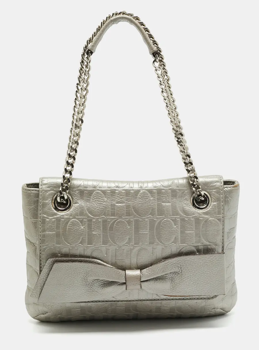 CH Carolina Herrera Audrey Grey Monogram Embossed Leather Shoulder Bag