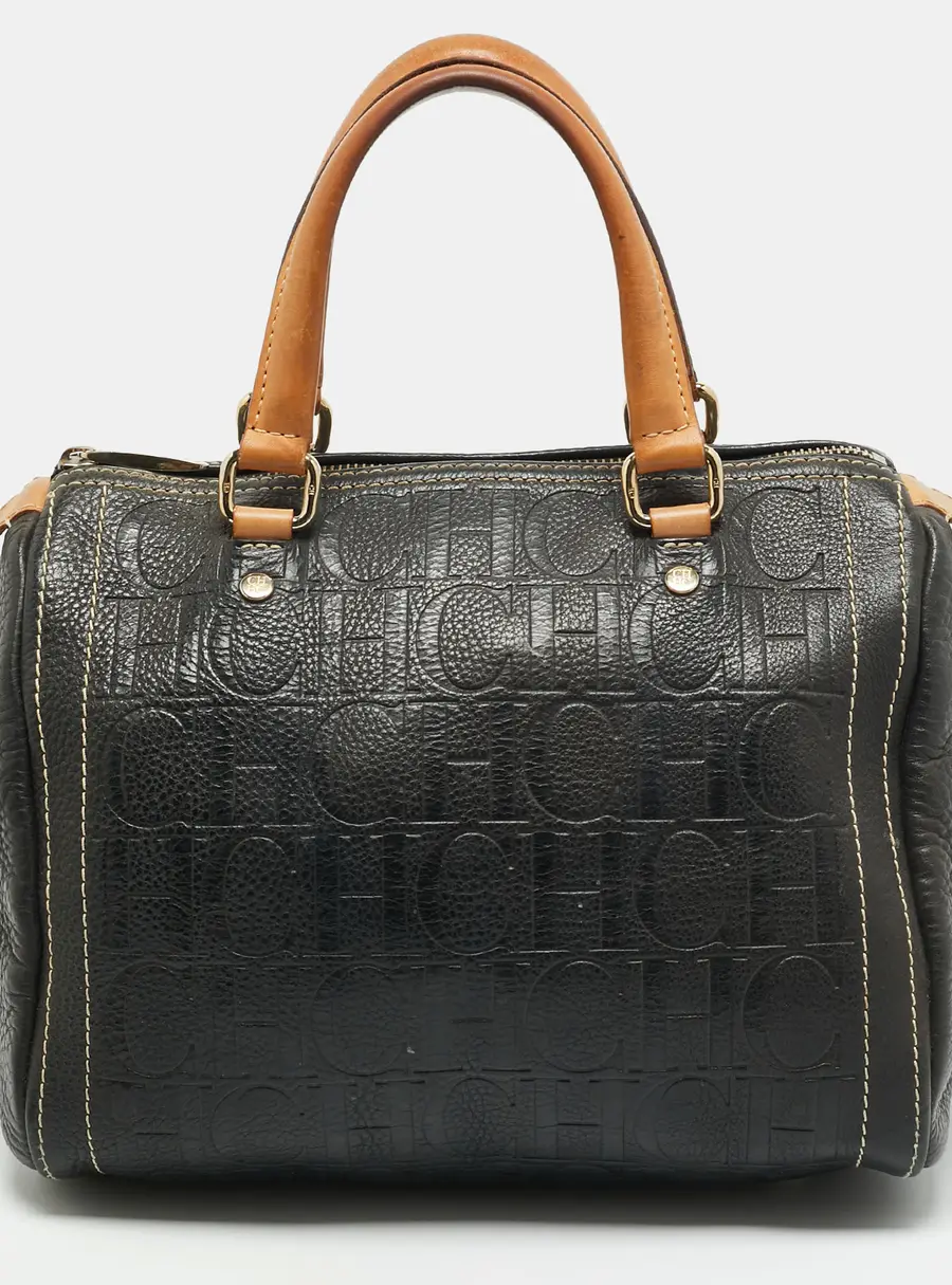 CH Carolina Herrera Andy Black Monogram Embossed Leather Boston Bag