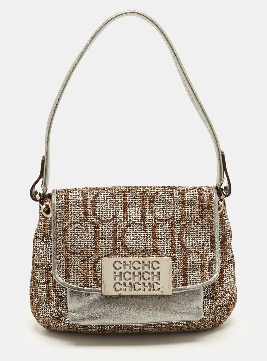 CH Carolina Herrera Metallic Grey/Browm Monogram Woven Fabric Baguette Bag