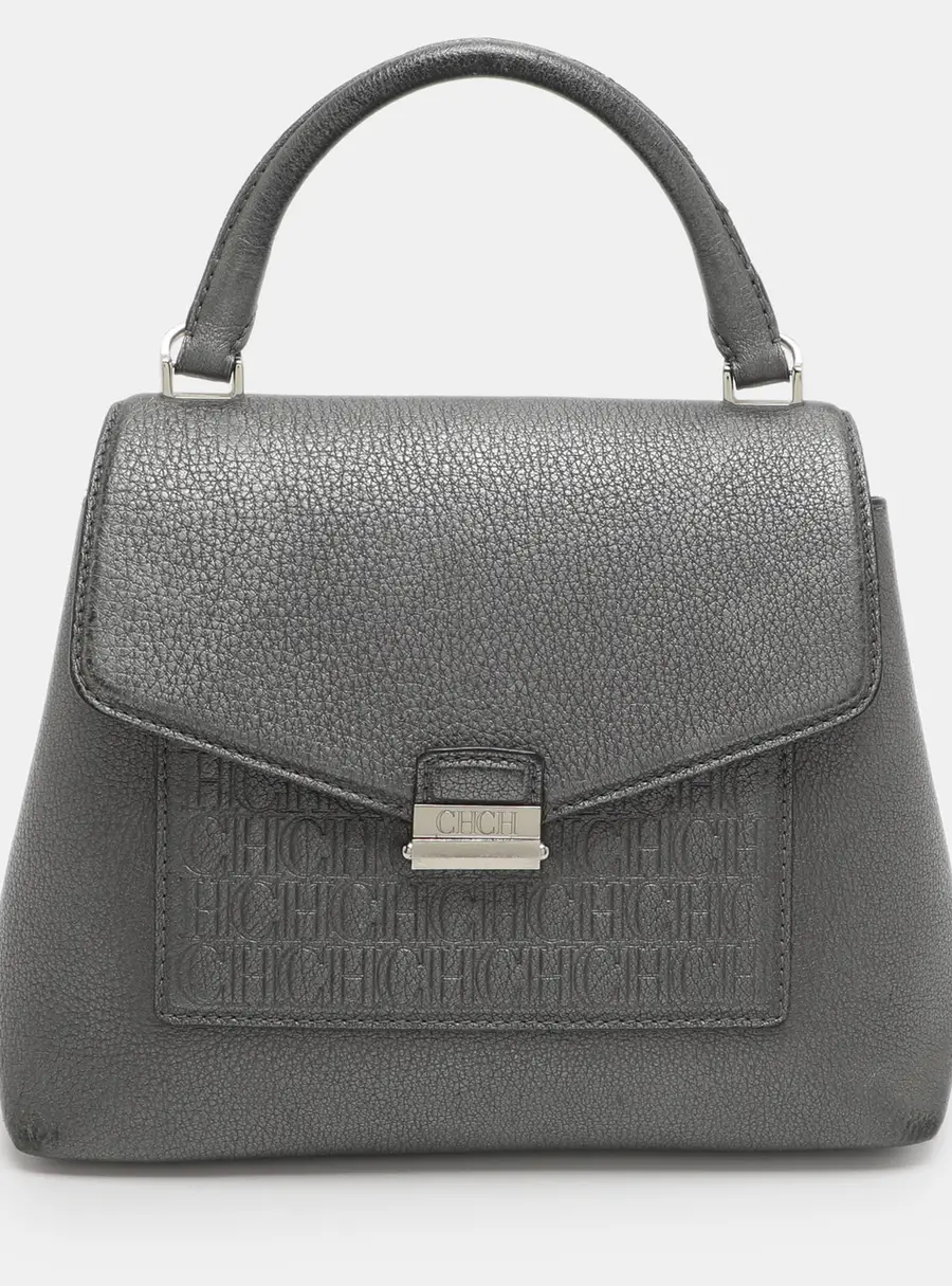CH Carolina Herrera Small Silver Monogram Embossed Leather Top Handle Bag
