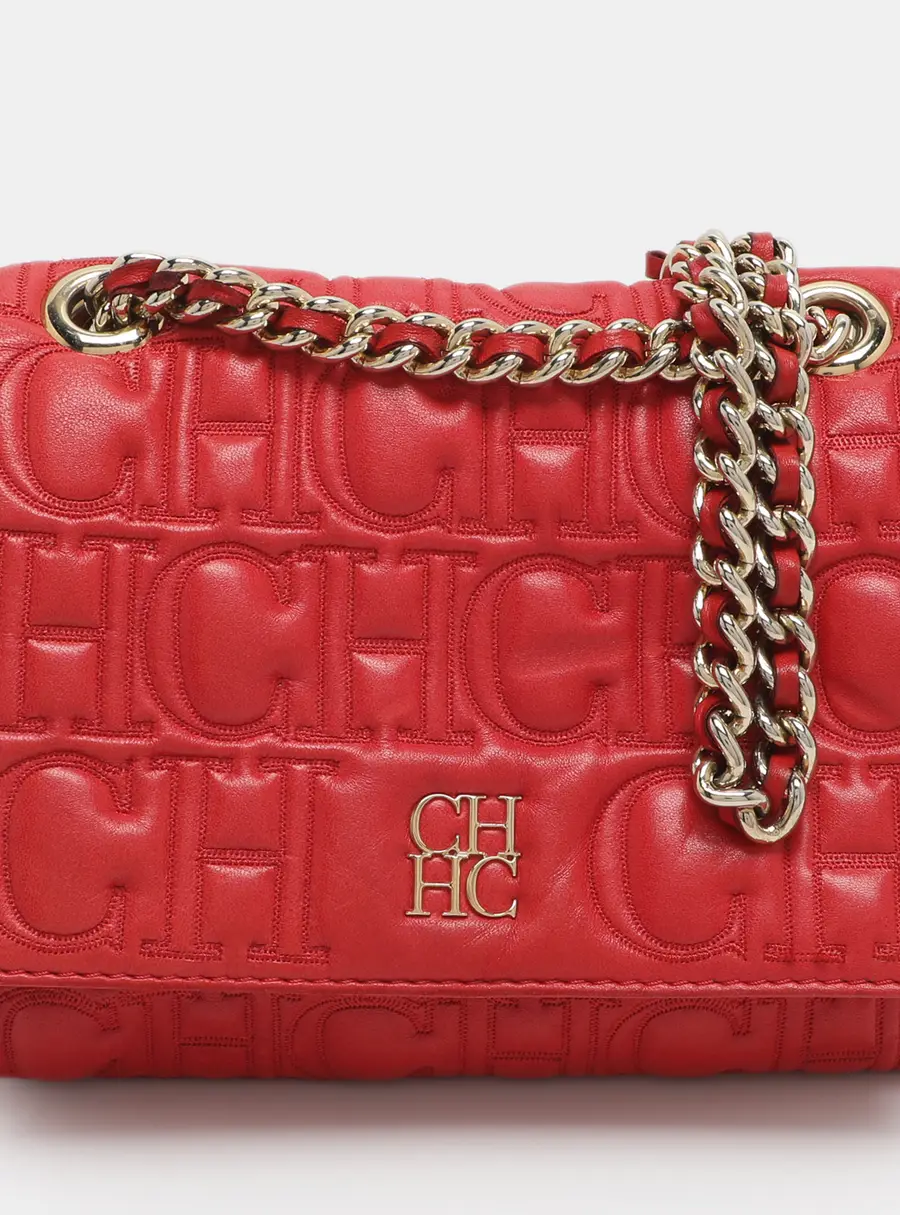 CH Carolina Herrera Red Monogram Leather Shoulder Bag