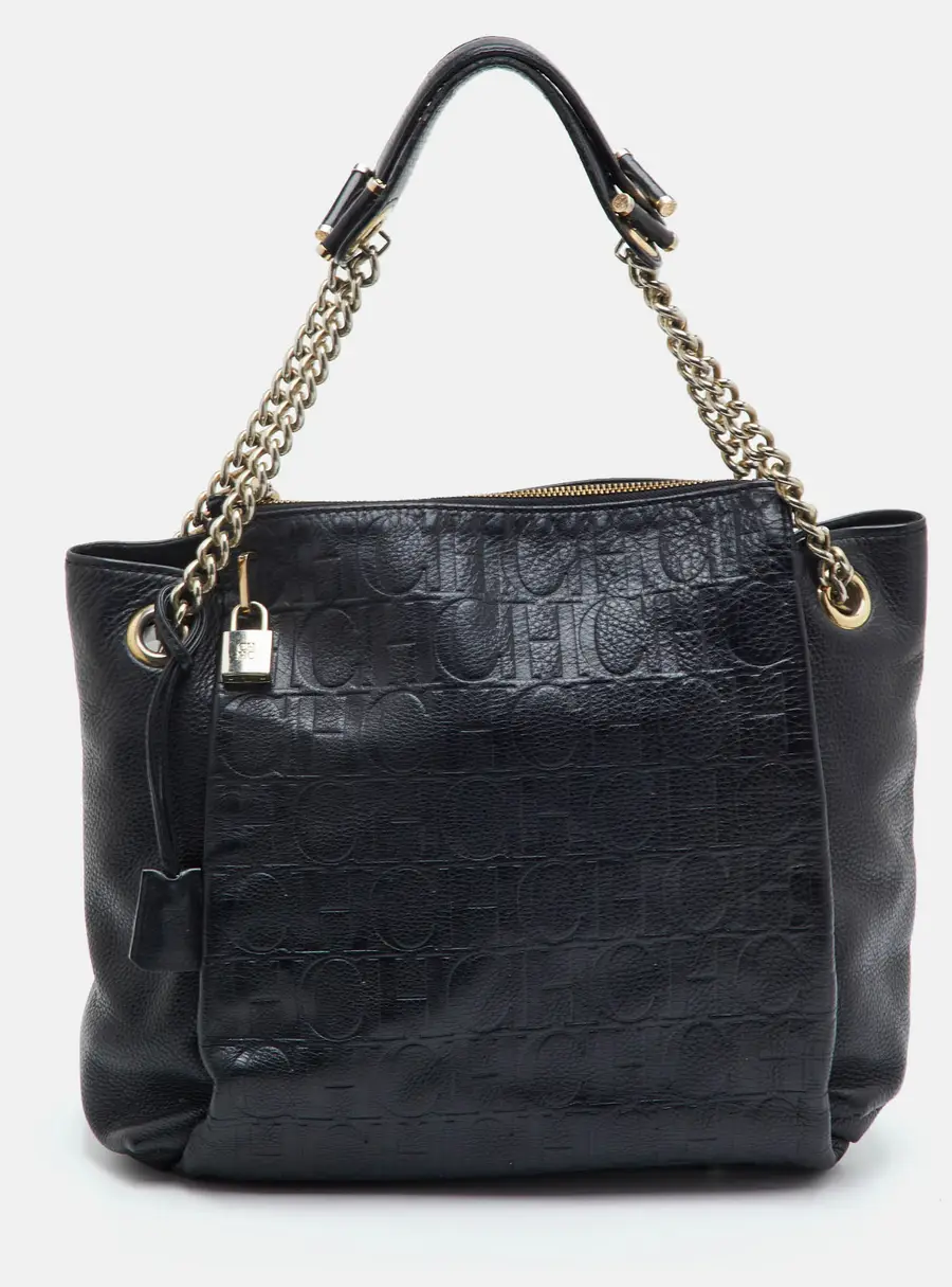 CH Carolina Herrera Black Monogram Embossed Leather Chain Tote
