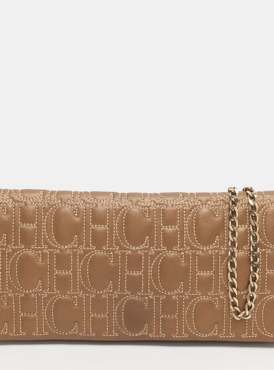 CH Carolina Herrera Metallic Brown Monogram Leather Chain Clutch