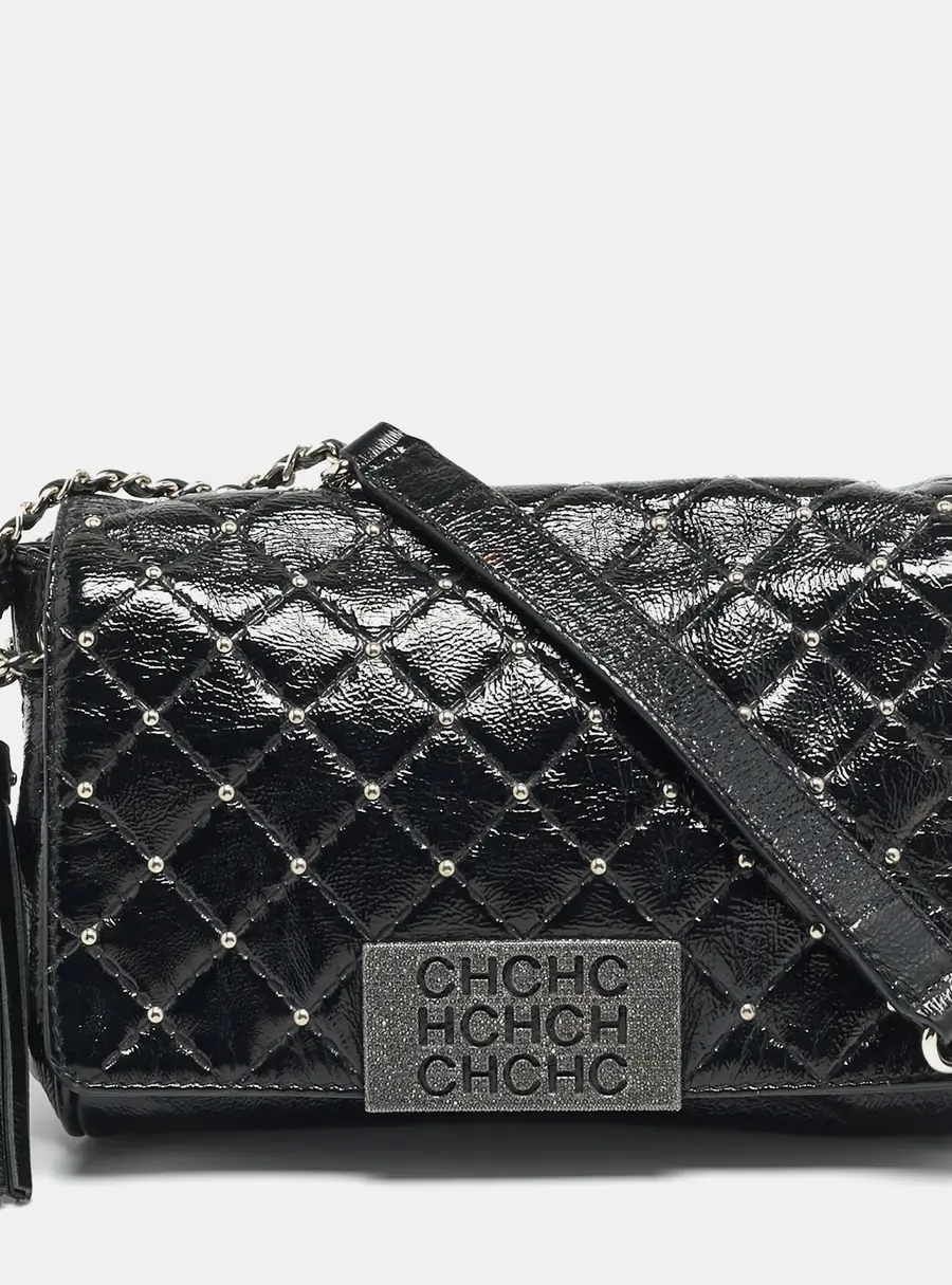 CH Carolina Herrera Pearl Studded Black Quilted Patent Leather Flap Chain Shoulder Bag