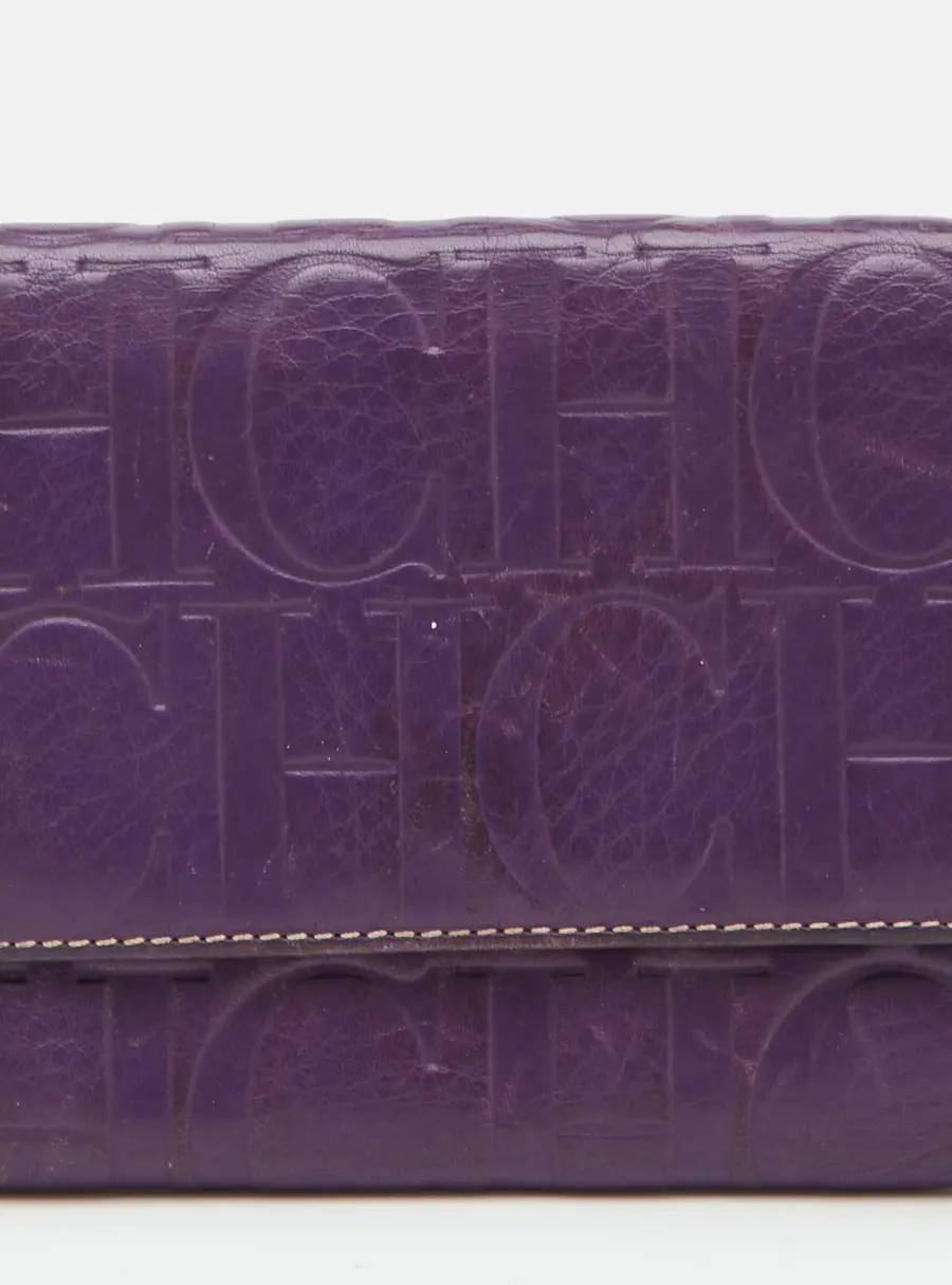 CH Carolina Herrera Purple Monogram Embossed Leather Compact Wallet