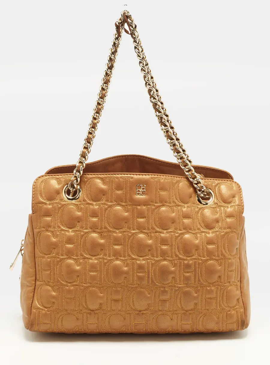 CH Carolina Herrera Logo Metallic Gold Leather Chain Tote