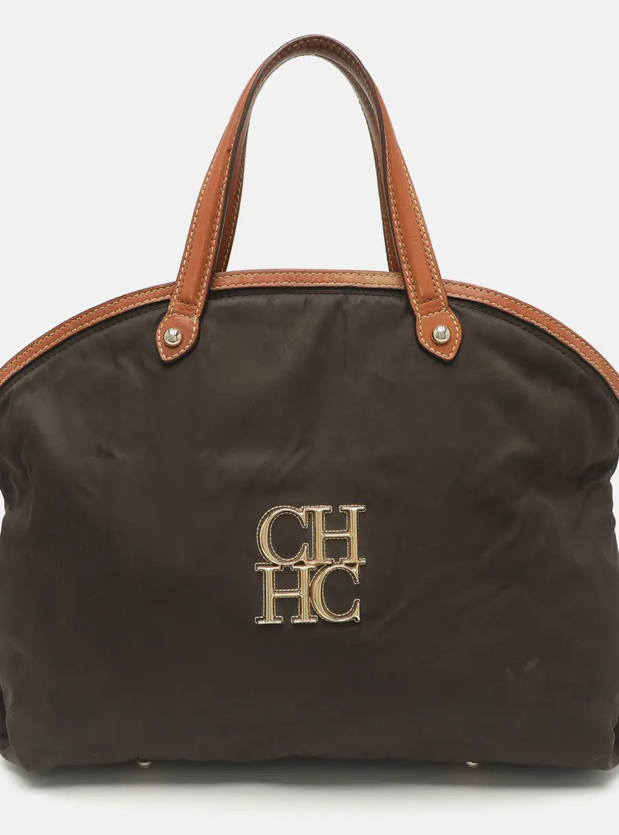 CH Carolina Herrera Dark Grey/Brown Leather and Nylon Satchel