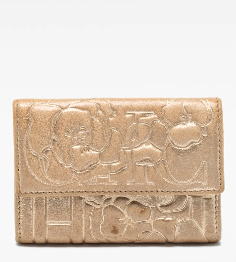 CH Carolina Herrera Gold Floral Embossed Leather Flap Compact Wallet