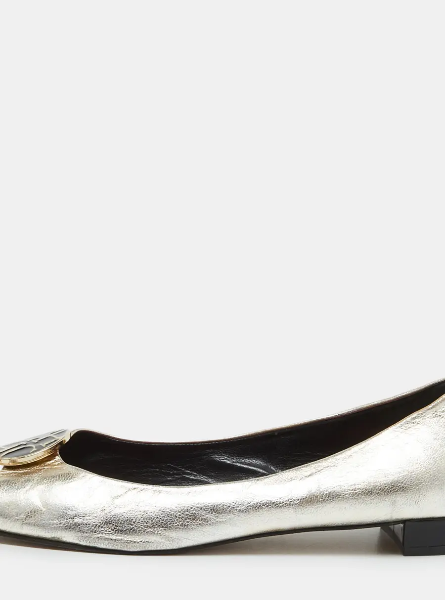 CH Carolina Herrera Gold Leather Logo Peep-Toe Ballet Flats Size 38