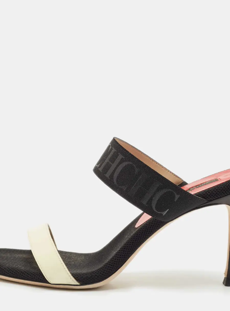CH Carolina Herrera Black/White Fabric and Patent Leather Slide Sandals Size 38