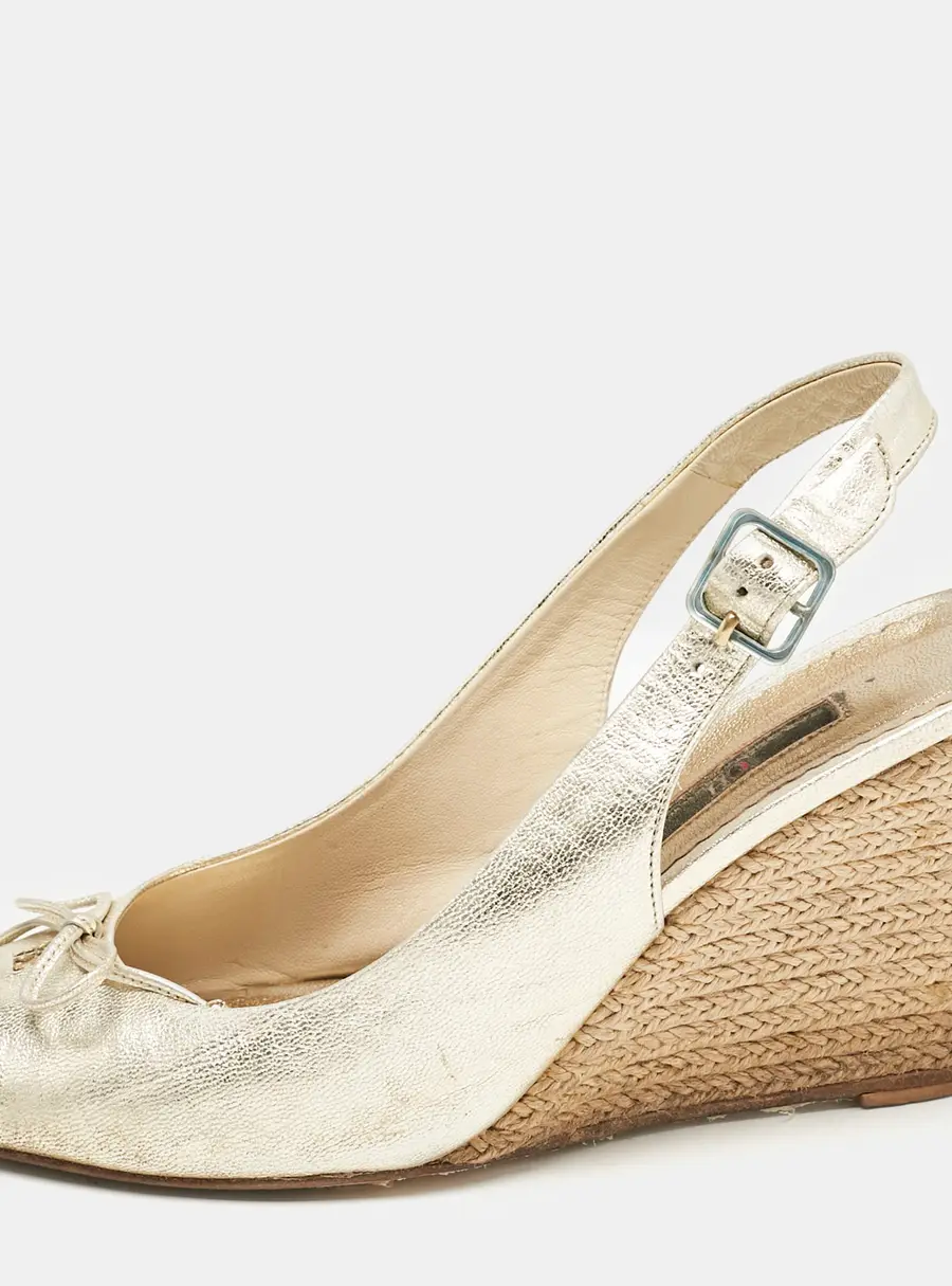 CH Carolina Herrera Metallic Leather Bow Peep Toe Espadrille Wedge Sandals Size 38