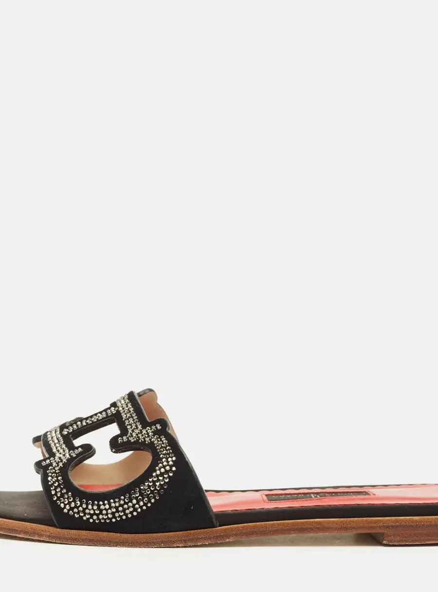 CH Carolina Herrera Size 38 Black Suede Crystal Embellished Flat Slides