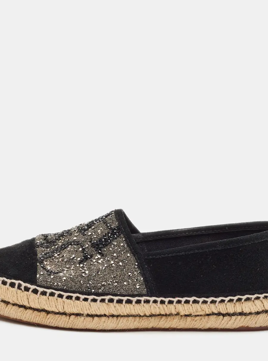 CH Carolina Herrera Size 36 Black Glitter and Suede Espadrille Flats