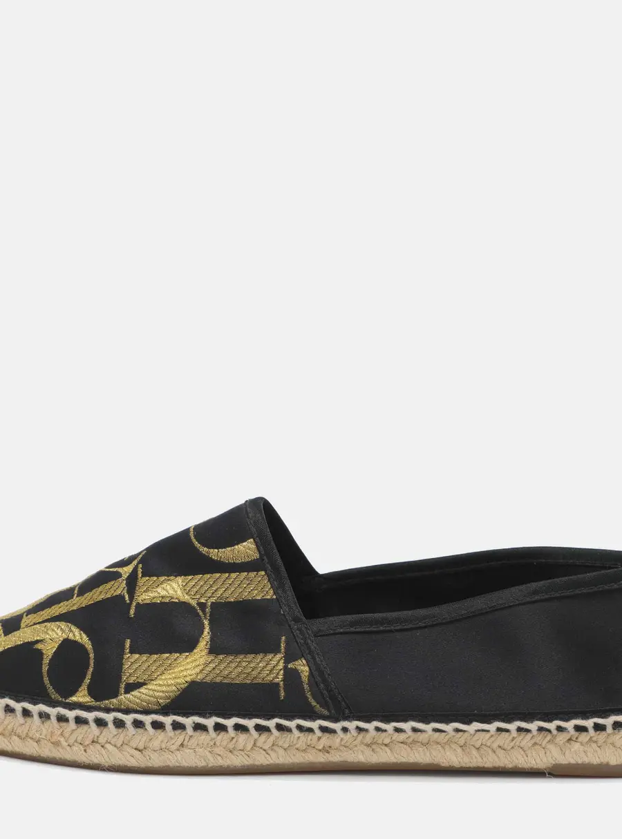 CH Carolina Herrera Logo Embroidered Size 38 Black Satin Espadrille Flats