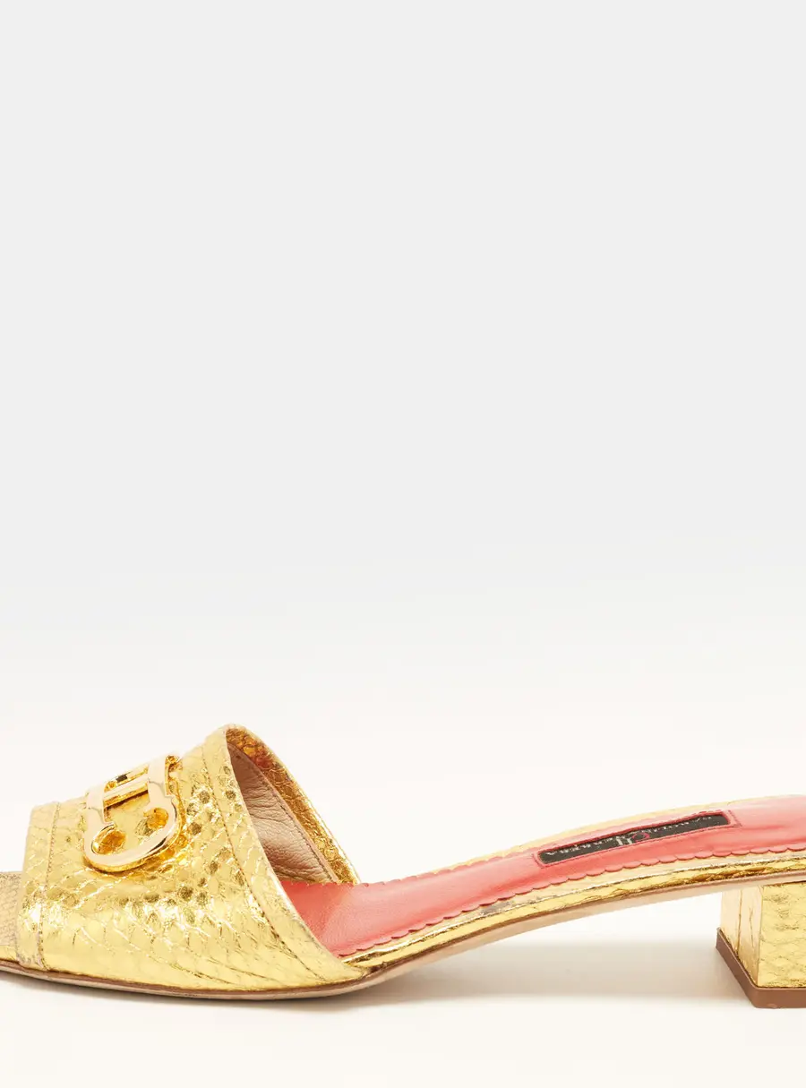 CH Carolina Herrera Size 38 Gold Python Embossed Leather Slide Sandals