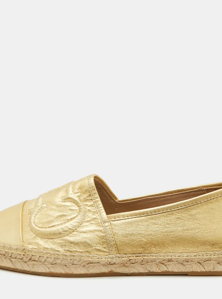 CH Carolina Herrera Size 37 Metallic Gold Leather Initials Insignia Espadrilles Flats